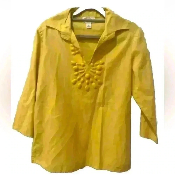 Talbots Shirt Front Womens Size Small Yellow Gems Linen Blend Pullover - Picture 1 of 6